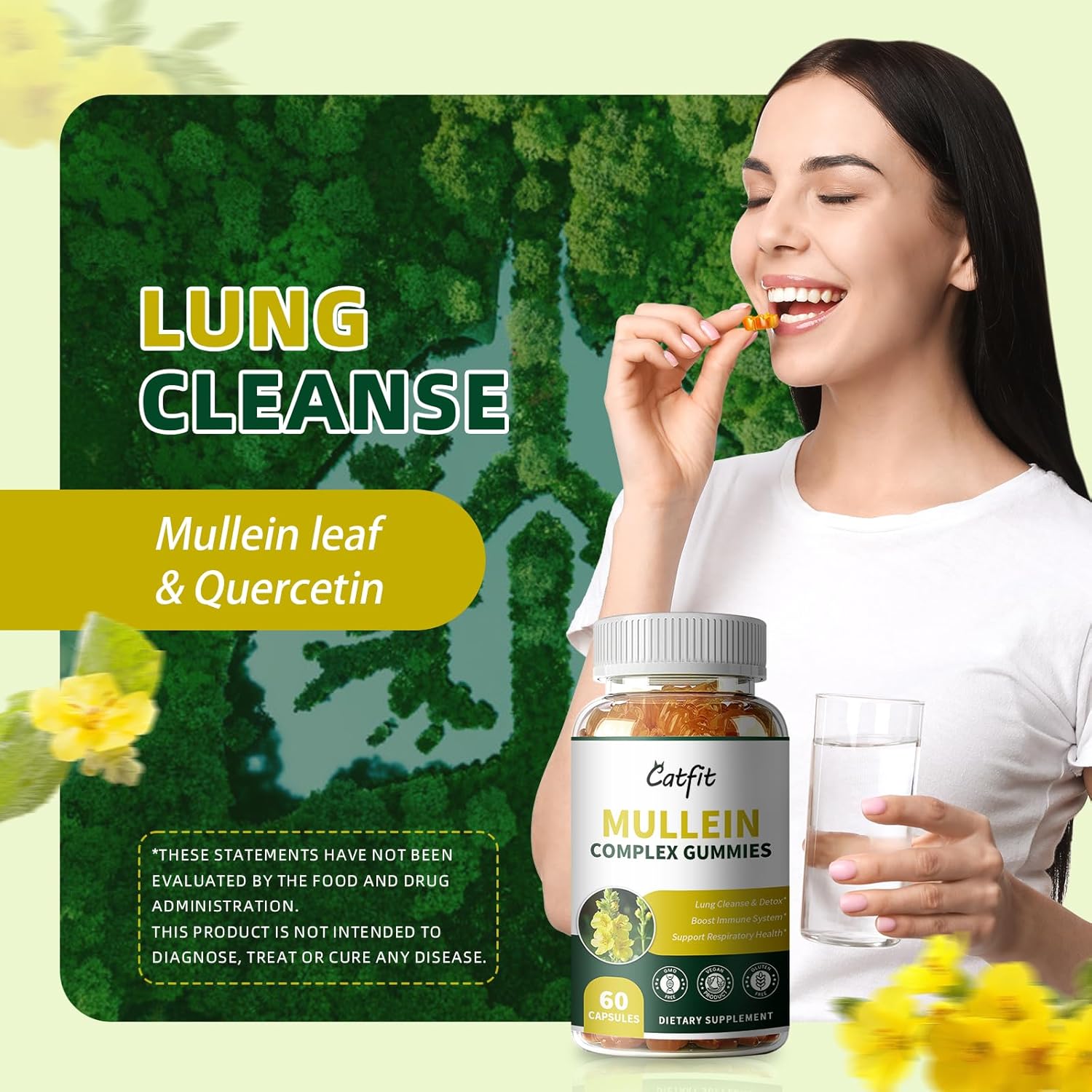 2 Pack Mullein Gummies for Lungs with Quercetin & Elderberry - Respiratory & Immune Support, Lung Cleanse, Detox - Vegan, Pineapple Flavor - 60 Gummies