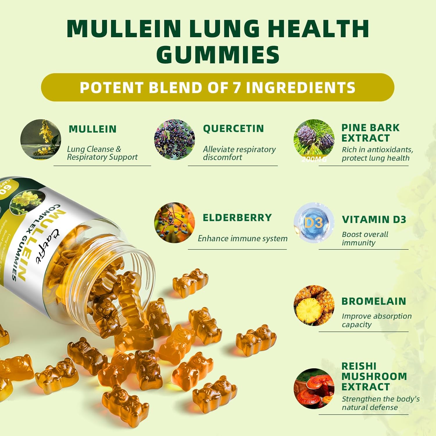 2 Pack Mullein Gummies for Lungs with Quercetin & Elderberry - Respiratory & Immune Support, Lung Cleanse, Detox - Vegan, Pineapple Flavor - 60 Gummies
