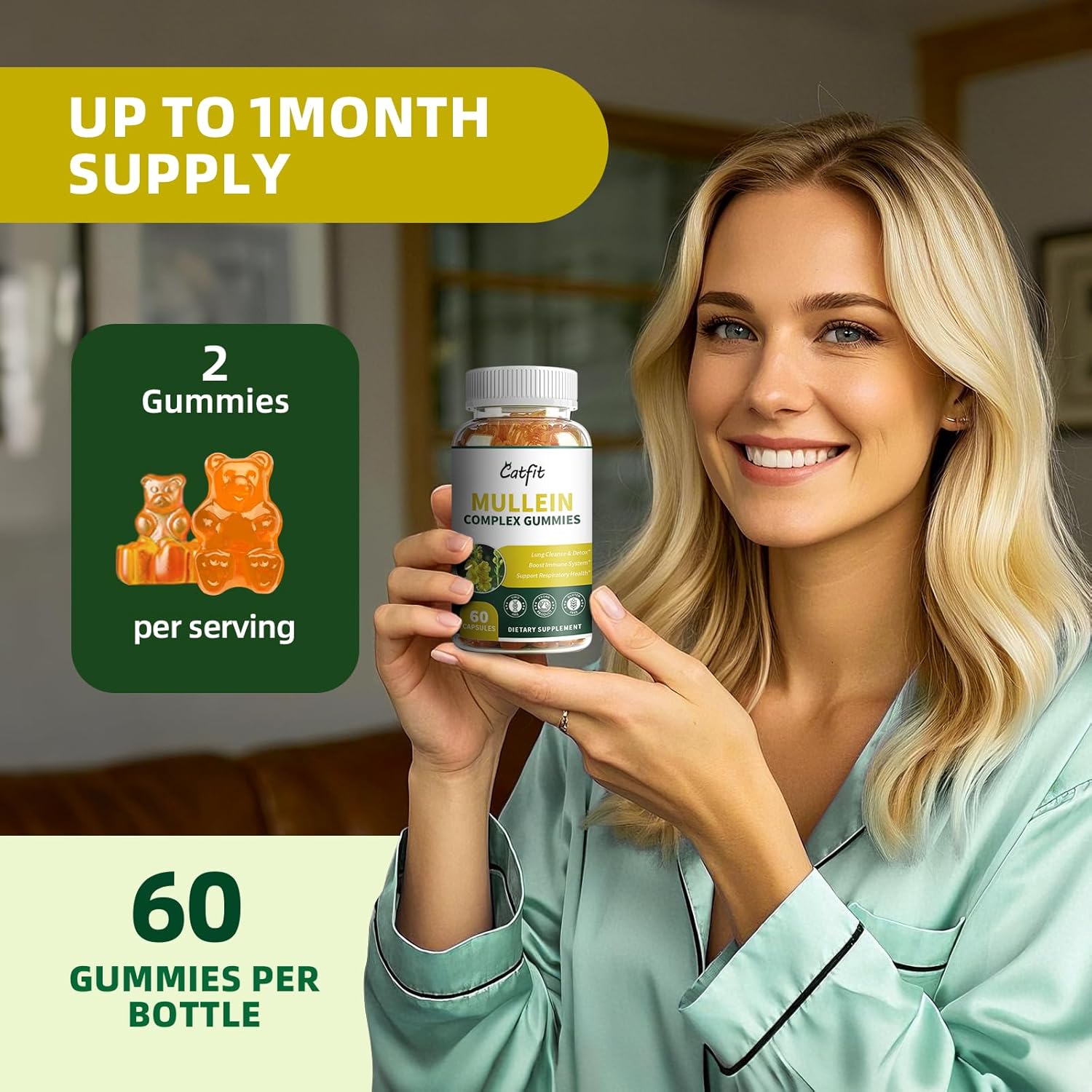 2 Pack Mullein Gummies for Lungs with Quercetin & Elderberry - Respiratory & Immune Support, Lung Cleanse, Detox - Vegan, Pineapple Flavor - 60 Gummies