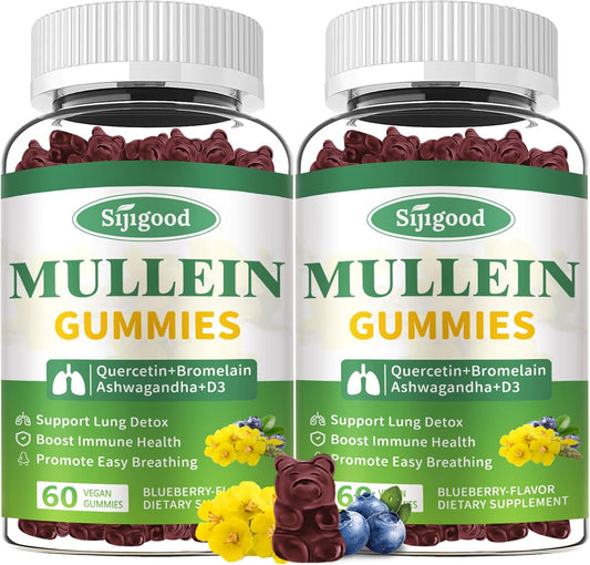 2 Pack Mullein Gummies with Bromelain, Quercetin - Lung Cleanse, Digestive Support, Immune Booster - 120 Blueberry Gummies