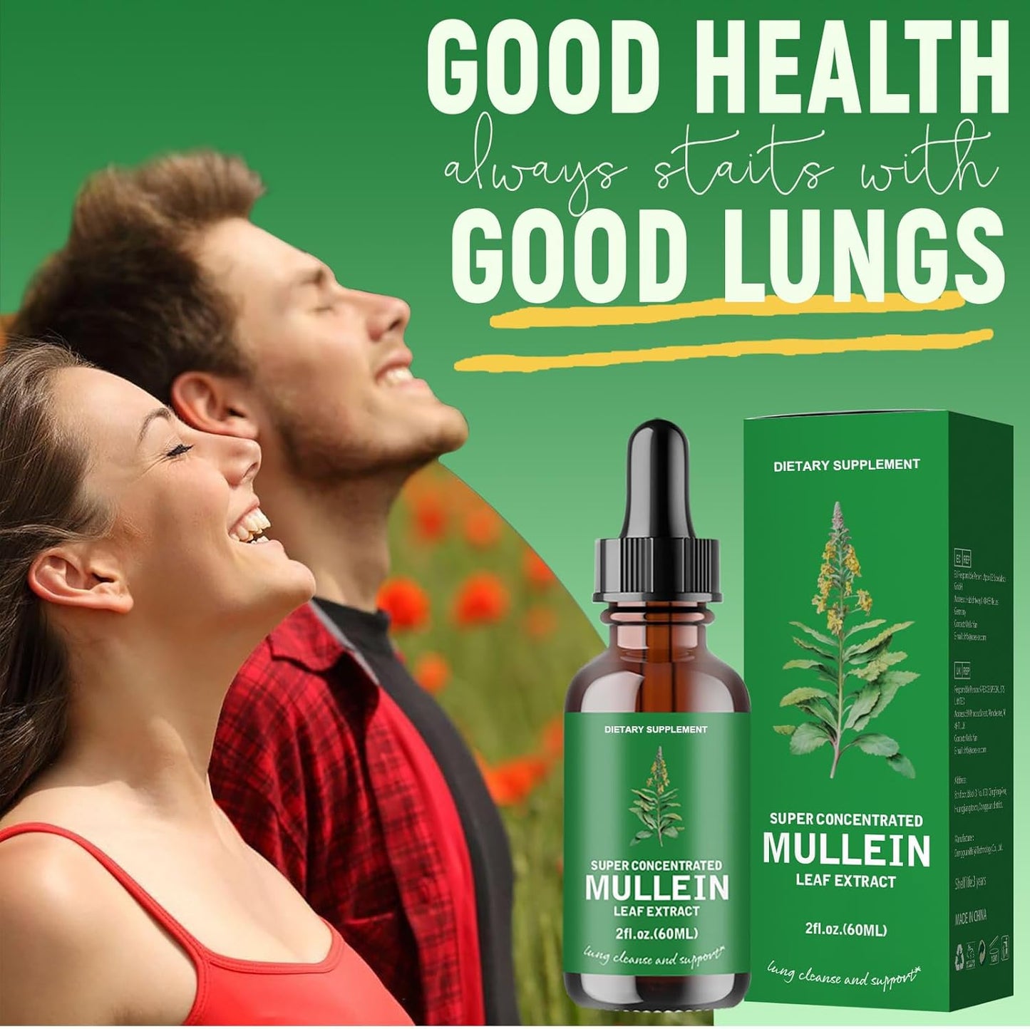 2-Pack Mullein Leaf Extract Drops - Lung Cleanse Support Tincture, Non-GMO & Vegetarian - Respiratory Function for Healthy Breathing