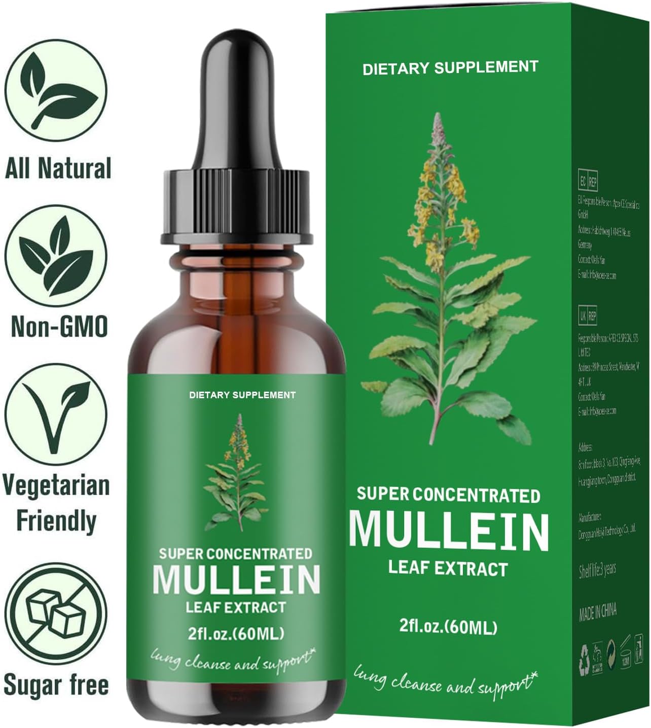 2-Pack Mullein Leaf Extract Drops - Lung Cleanse Support Tincture, Non-GMO & Vegetarian - Respiratory Function for Healthy Breathing