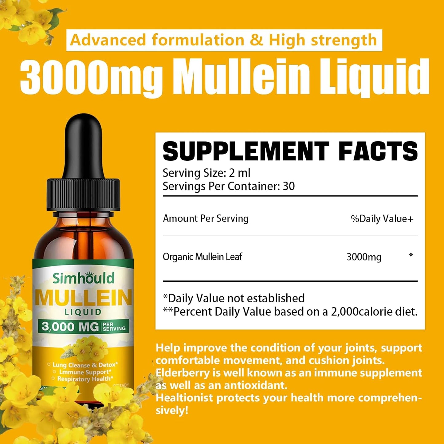 2 Pack Mullein Tincture - 3000mg Organic Mullein Leaf Extract for Lung Health, Respiratory Support, Digestive Health, Immune Boost - 4 oz Vegan Supplement