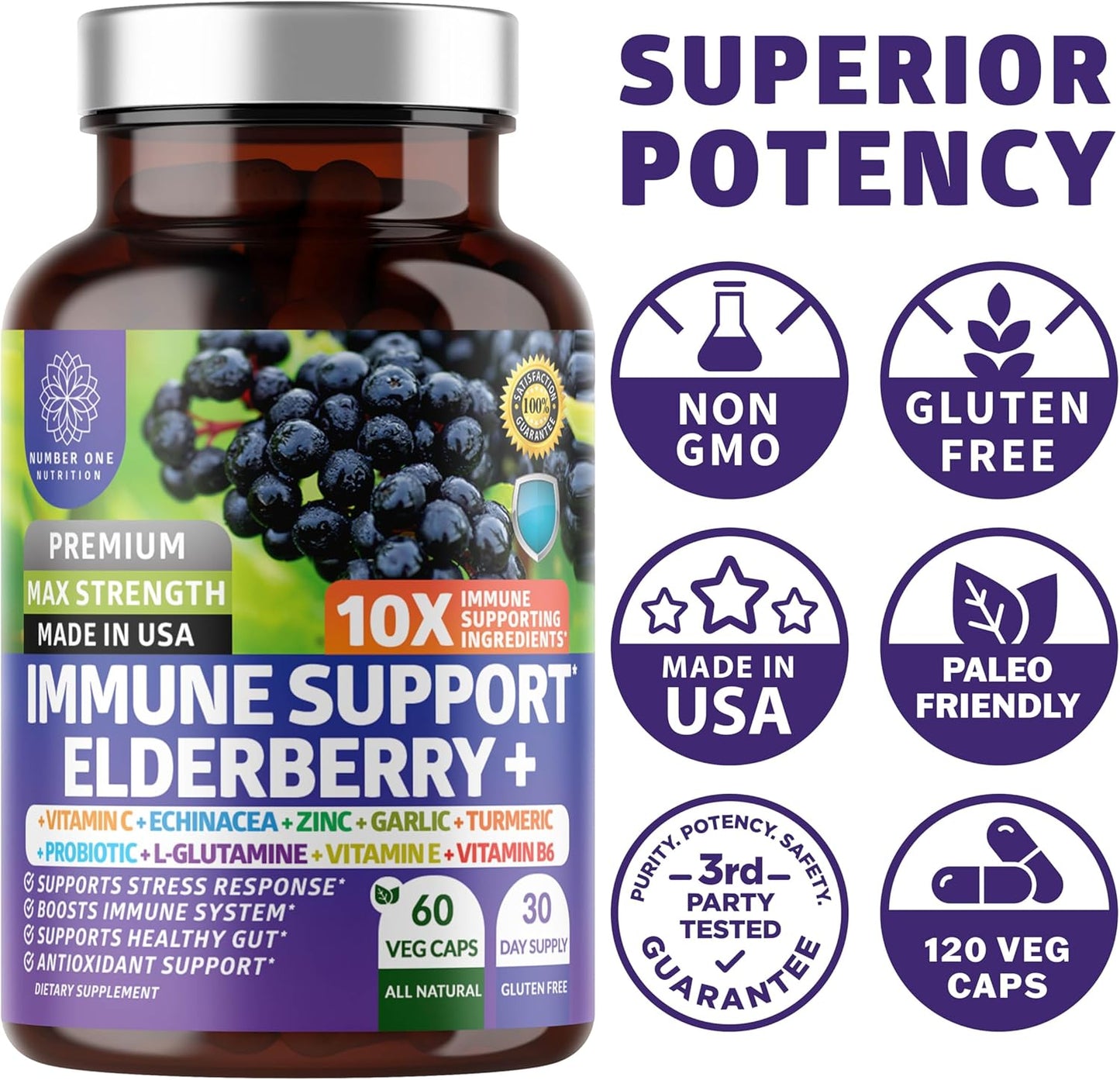 2 Pack N1N Premium Immune Support Supplement with 10 Potent Ingredients - Elderberry, Vitamin C, Zinc, Echinacea, Turmeric, Garlic, Probiotics - 120 Veg Caps for Adults
