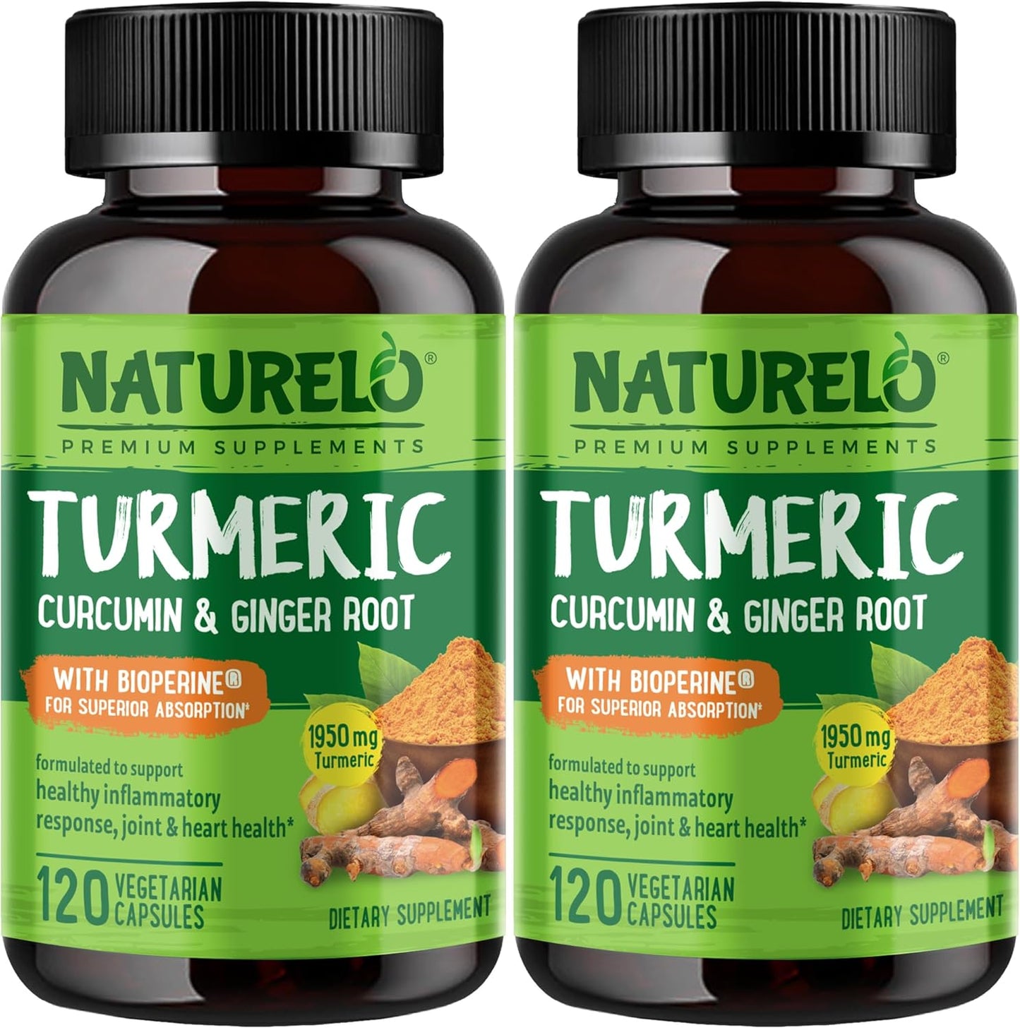 2 Pack NATURELO Turmeric Curcumin Capsules with BioPerine, Ginger Root & Black Pepper - Joint Pain Relief - 240 Vegan Capsules