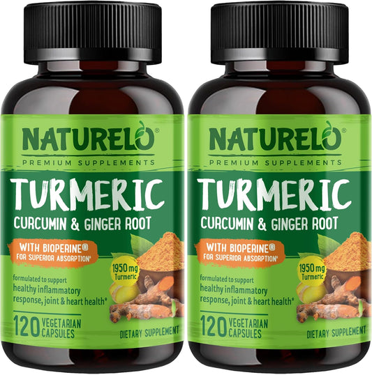 2 Pack NATURELO Turmeric Curcumin Capsules with BioPerine, Ginger Root & Black Pepper - Joint Pain Relief - 240 Vegan Capsules