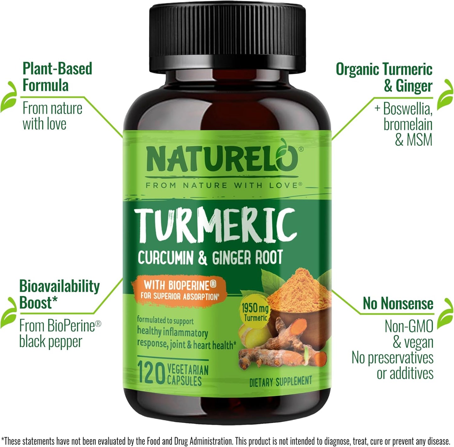 2 Pack NATURELO Turmeric Curcumin Capsules with BioPerine, Ginger Root & Black Pepper - Joint Pain Relief - 240 Vegan Capsules