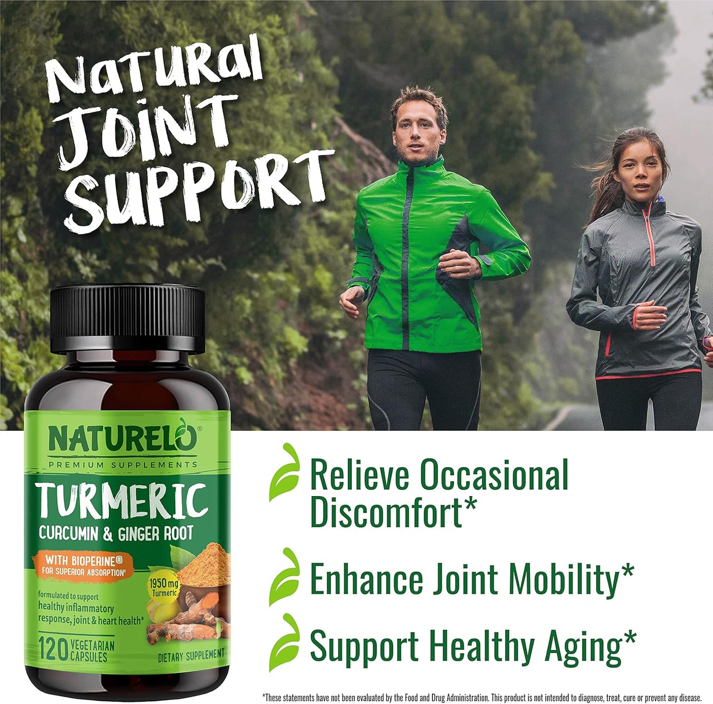 2 Pack NATURELO Turmeric Curcumin Capsules with BioPerine, Ginger Root & Black Pepper - Joint Pain Relief - 240 Vegan Capsules
