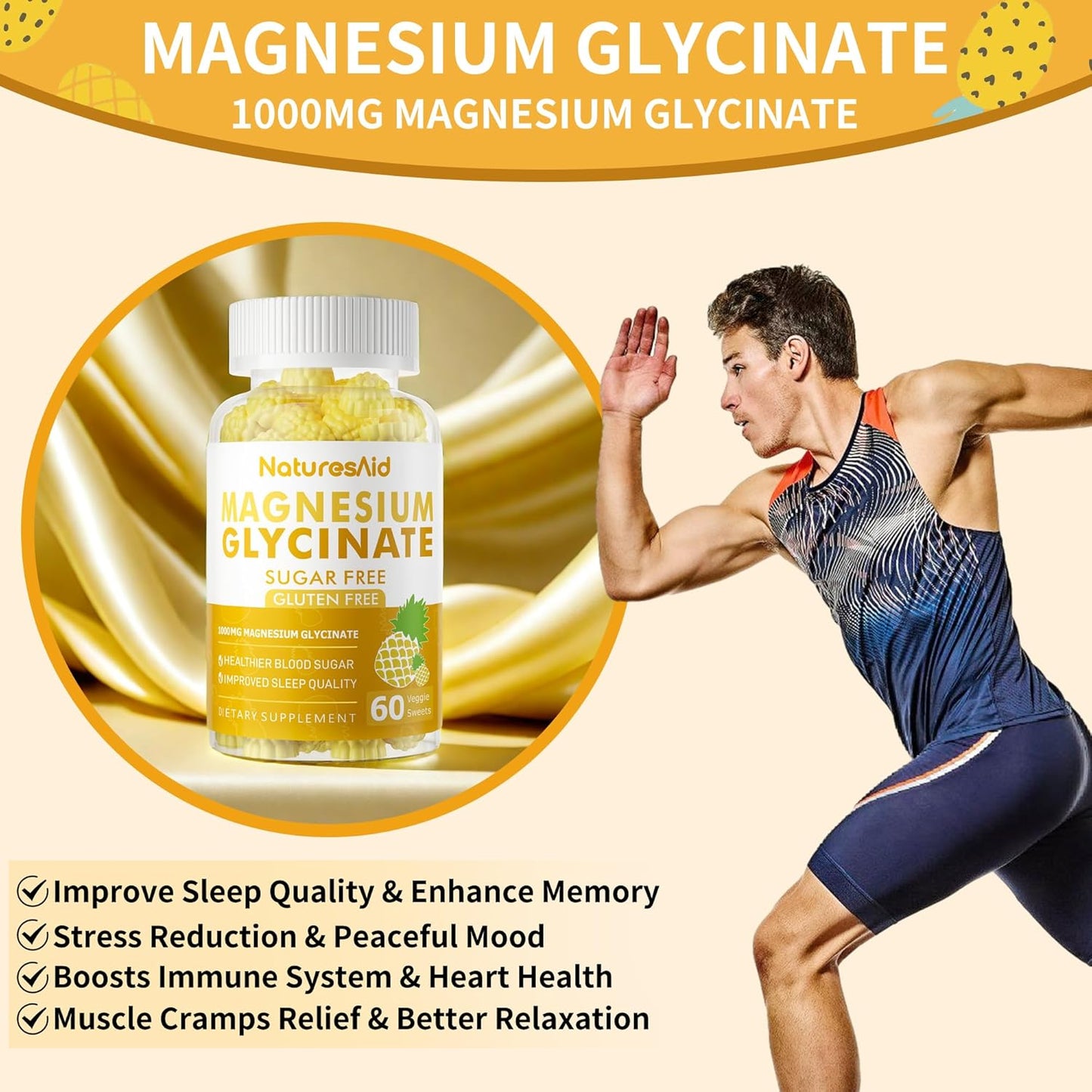 2 Pack Natures Aid Sugar Free Magnesium Glycinate Gummies 1000mg with Vitamin D, B6, CoQ10 - Calm Mood & Sleep Support - 120 Pineapple Gummies