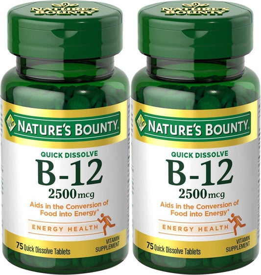 2 Pack Nature's Bounty Quick Dissolve Vitamin B-12 2500 mcg - Natural Cherry Flavor - 75 ct