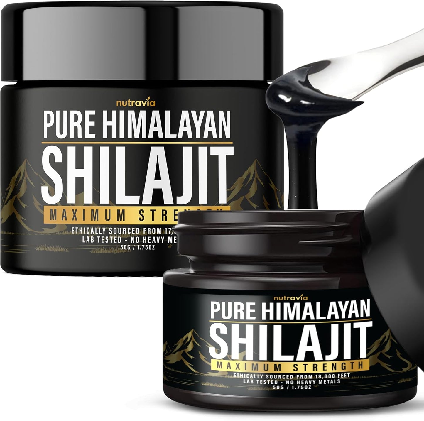 2 Pack Nutravia Shilajit Pure Himalayan Organic Resin - Authentic Lab Tested Formula for Men and Women - 600mg Max Strength - 85+ Trace Minerals - Golden Grade Shilajit Supplement