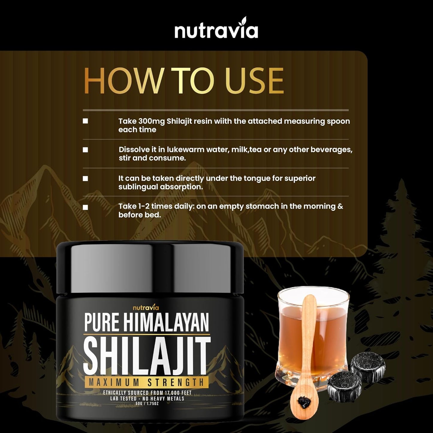 2 Pack Nutravia Shilajit Pure Himalayan Organic Resin - Authentic Lab Tested Formula for Men and Women - 600mg Max Strength - 85+ Trace Minerals - Golden Grade Shilajit Supplement