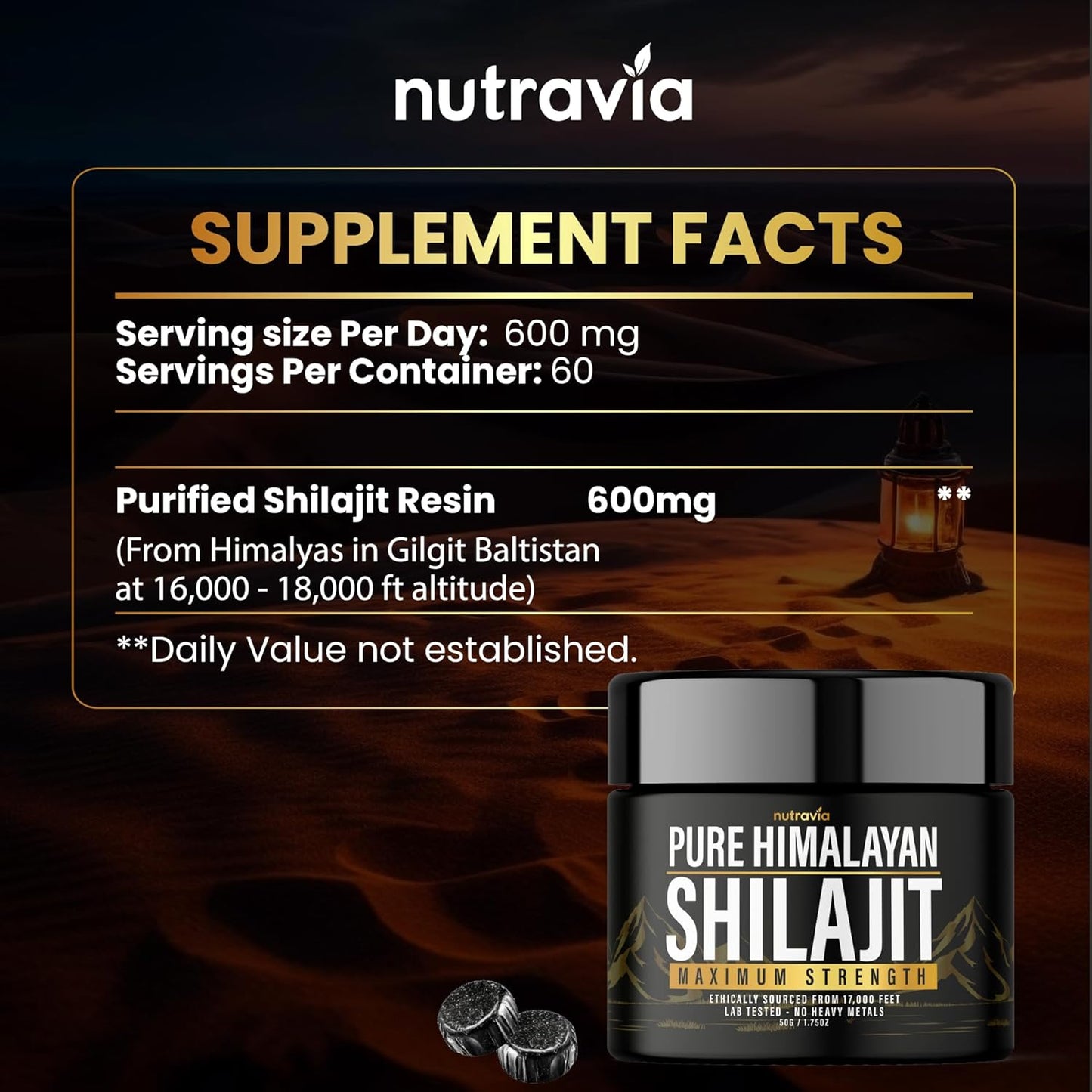 2 Pack Nutravia Shilajit Pure Himalayan Organic Resin - Authentic Lab Tested Formula for Men and Women - 600mg Max Strength - 85+ Trace Minerals - Golden Grade Shilajit Supplement
