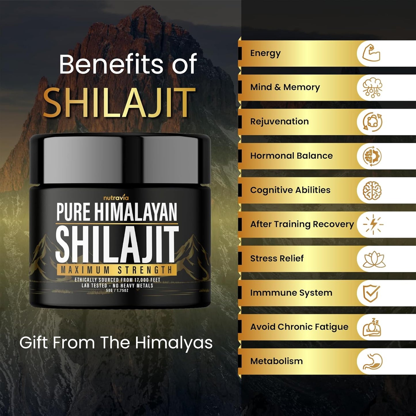2 Pack Nutravia Shilajit Pure Himalayan Organic Resin - Authentic Lab Tested Formula for Men and Women - 600mg Max Strength - 85+ Trace Minerals - Golden Grade Shilajit Supplement