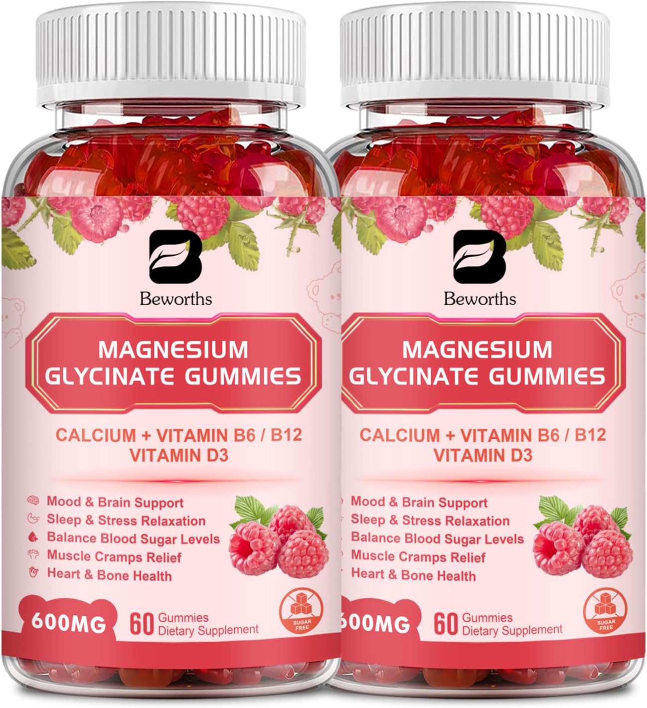 2 Pack of B BEWORTHS 600 Mg Magnesium Glycinate Gummies with Magnesium Malate, Citrate, & Potassium for Night & Joint Support, Energy Boost - Vegan & 0-Sugar - Raspberry Flavor - 120 Count