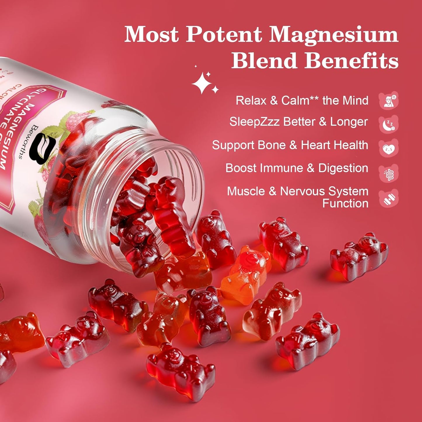 2 Pack of B BEWORTHS 600 Mg Magnesium Glycinate Gummies with Magnesium Malate, Citrate, & Potassium for Night & Joint Support, Energy Boost - Vegan & 0-Sugar - Raspberry Flavor - 120 Count