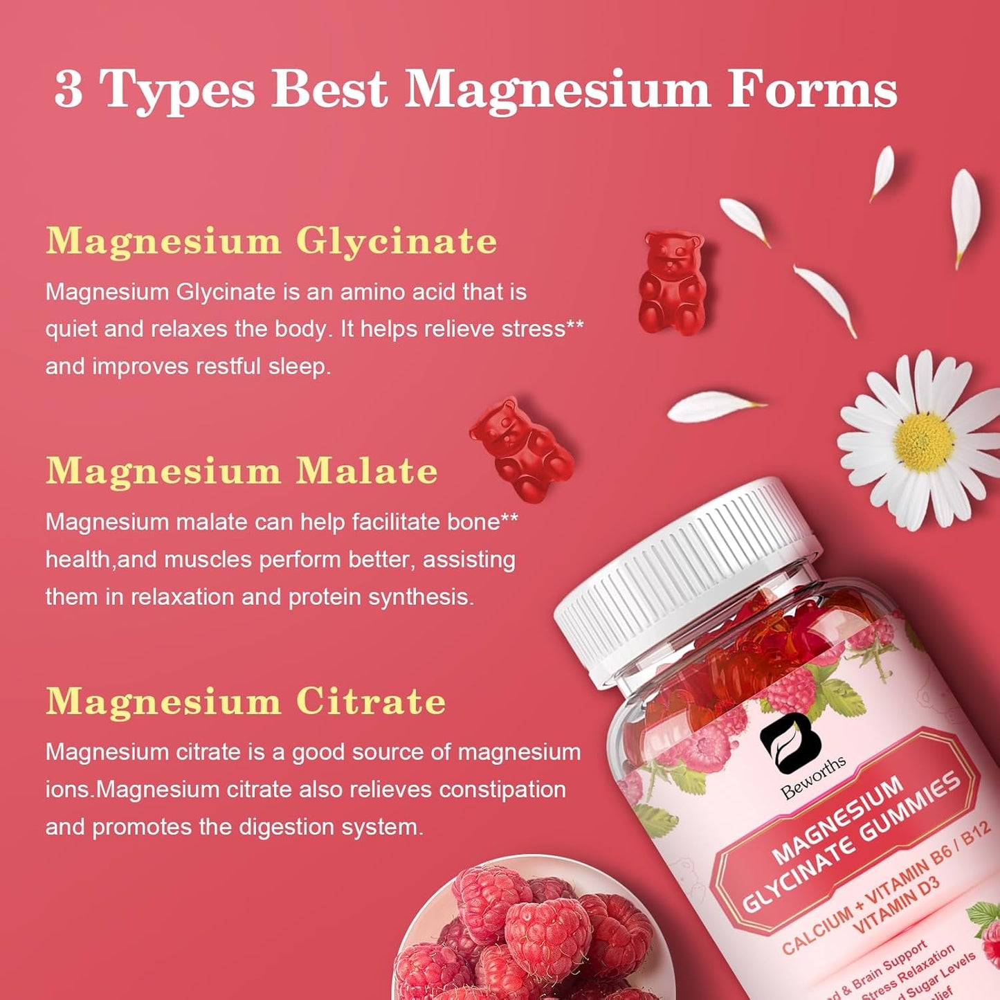 2 Pack of B BEWORTHS 600 Mg Magnesium Glycinate Gummies with Magnesium Malate, Citrate, & Potassium for Night & Joint Support, Energy Boost - Vegan & 0-Sugar - Raspberry Flavor - 120 Count