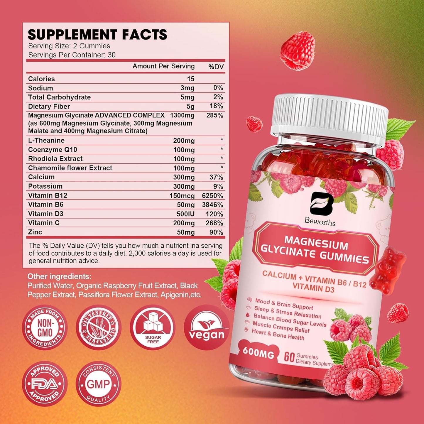 2 Pack of B BEWORTHS 600 Mg Magnesium Glycinate Gummies with Magnesium Malate, Citrate, & Potassium for Night & Joint Support, Energy Boost - Vegan & 0-Sugar - Raspberry Flavor - 120 Count