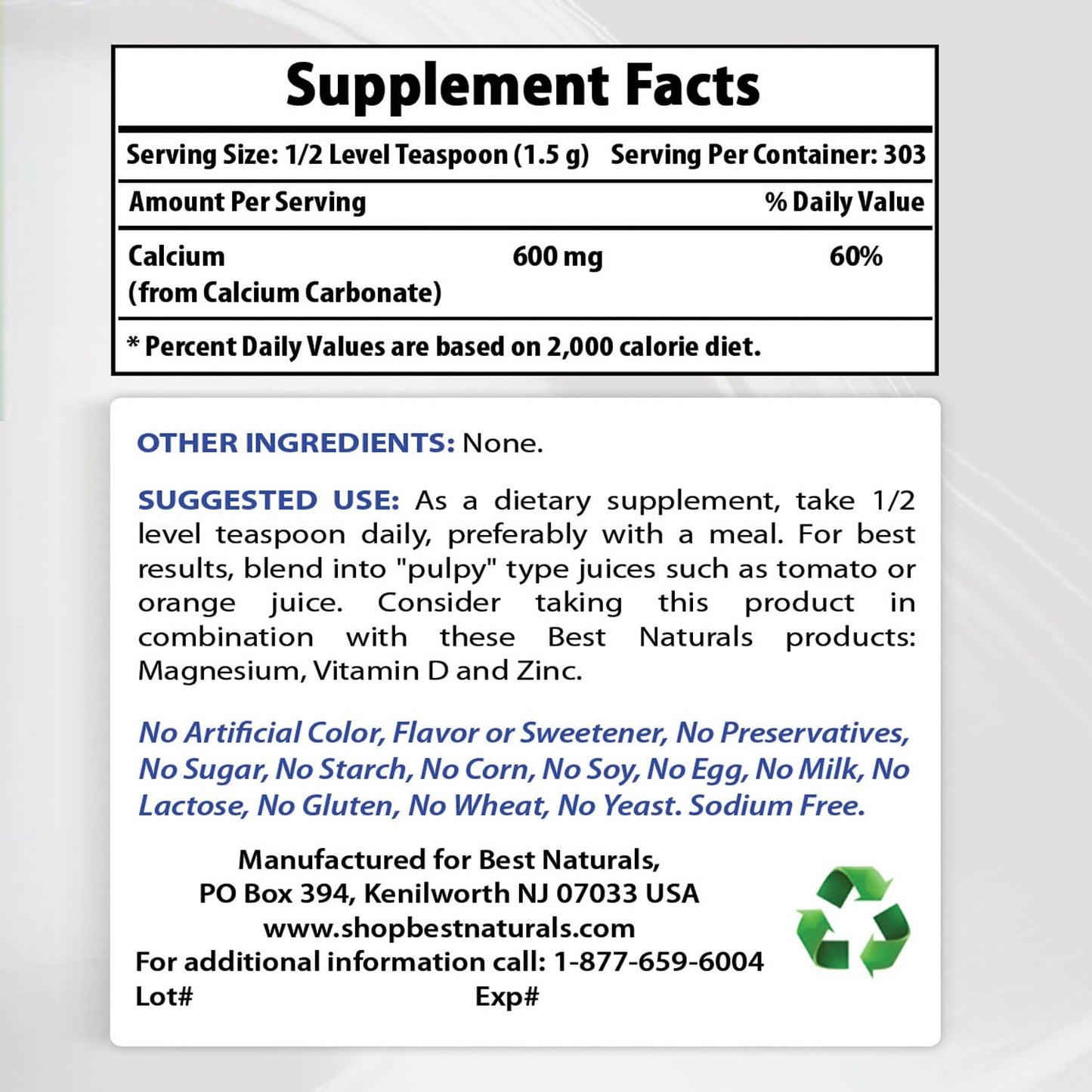 2 Pack of Best Naturals Calcium Carbonate Powder - 2 Pound Total - Food Grade Quality