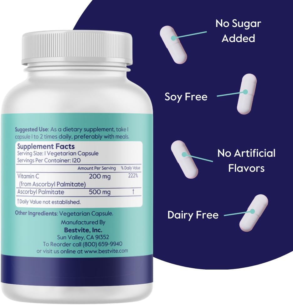 2-Pack of BESTVITE Ascorbyl Palmitate 500mg Vegetarian Capsules - No Stearates, Fillers, or Flow Agents
