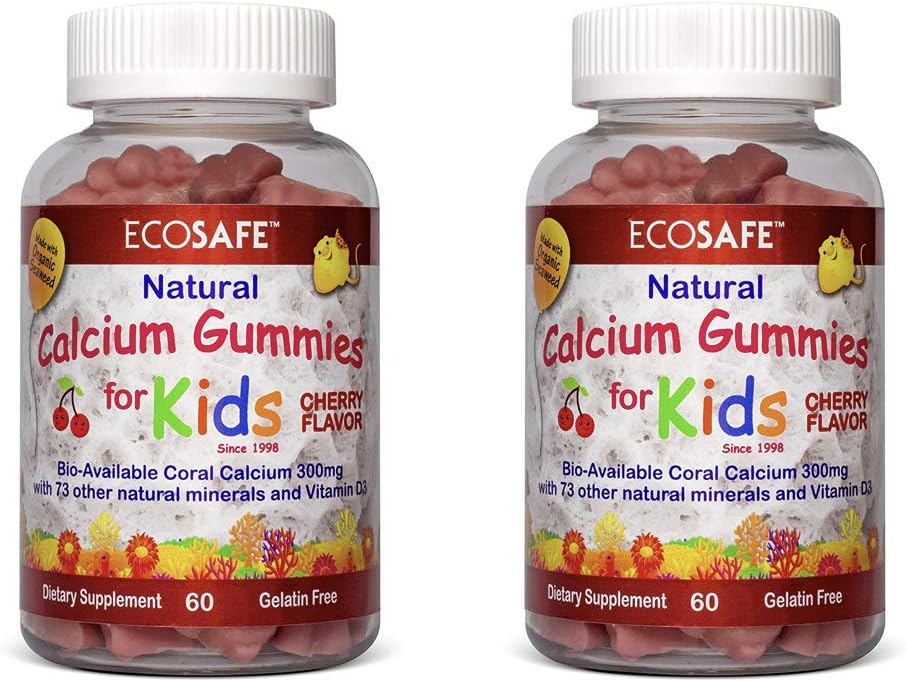 2 Pack of ECO SAFE Kids Gummy Coral Calcium Vitamin D3 - Natural Cherry Flavor, Non GMO, Gluten-Free, Dairy-Free, Soy-Free, Gelatin Free - 60 Gummies, 300mg Calcium, 800 IU Vitamin D3
