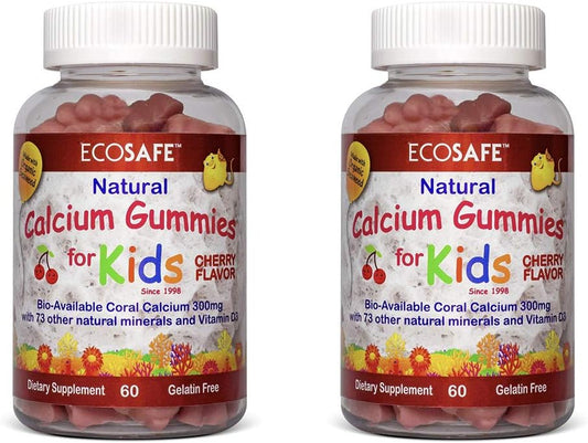 2 Pack of ECO SAFE Kids Gummy Coral Calcium Vitamin D3 - Natural Cherry Flavor, Non GMO, Gluten-Free, Dairy-Free, Soy-Free, Gelatin Free - 60 Gummies, 300mg Calcium, 800 IU Vitamin D3