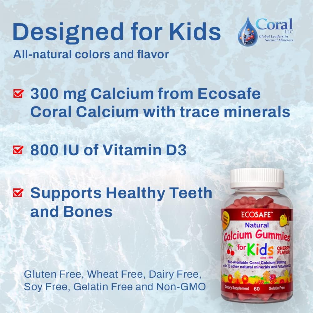 2 Pack of ECO SAFE Kids Gummy Coral Calcium Vitamin D3 - Natural Cherry Flavor, Non GMO, Gluten-Free, Dairy-Free, Soy-Free, Gelatin Free - 60 Gummies, 300mg Calcium, 800 IU Vitamin D3