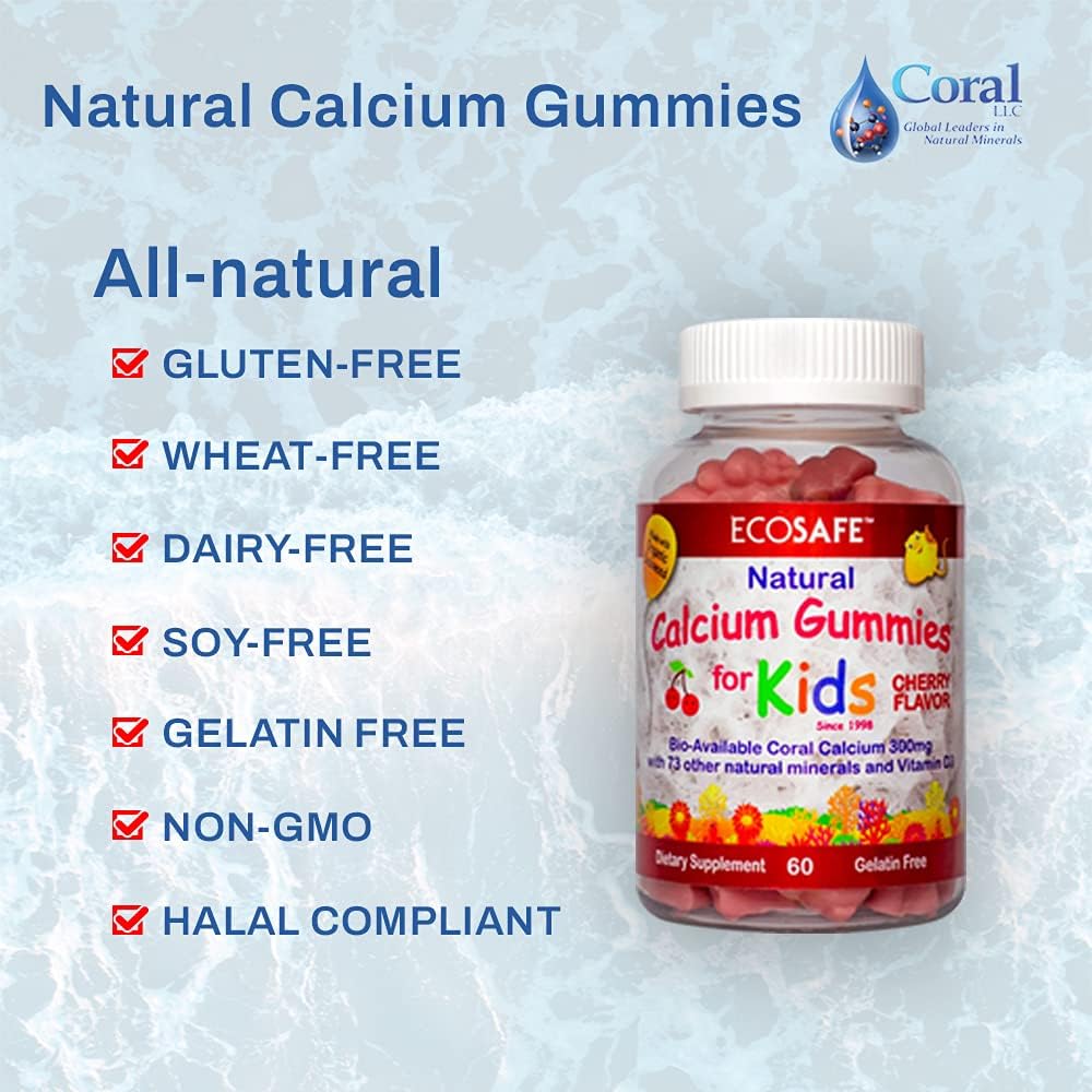 2 Pack of ECO SAFE Kids Gummy Coral Calcium Vitamin D3 - Natural Cherry Flavor, Non GMO, Gluten-Free, Dairy-Free, Soy-Free, Gelatin Free - 60 Gummies, 300mg Calcium, 800 IU Vitamin D3