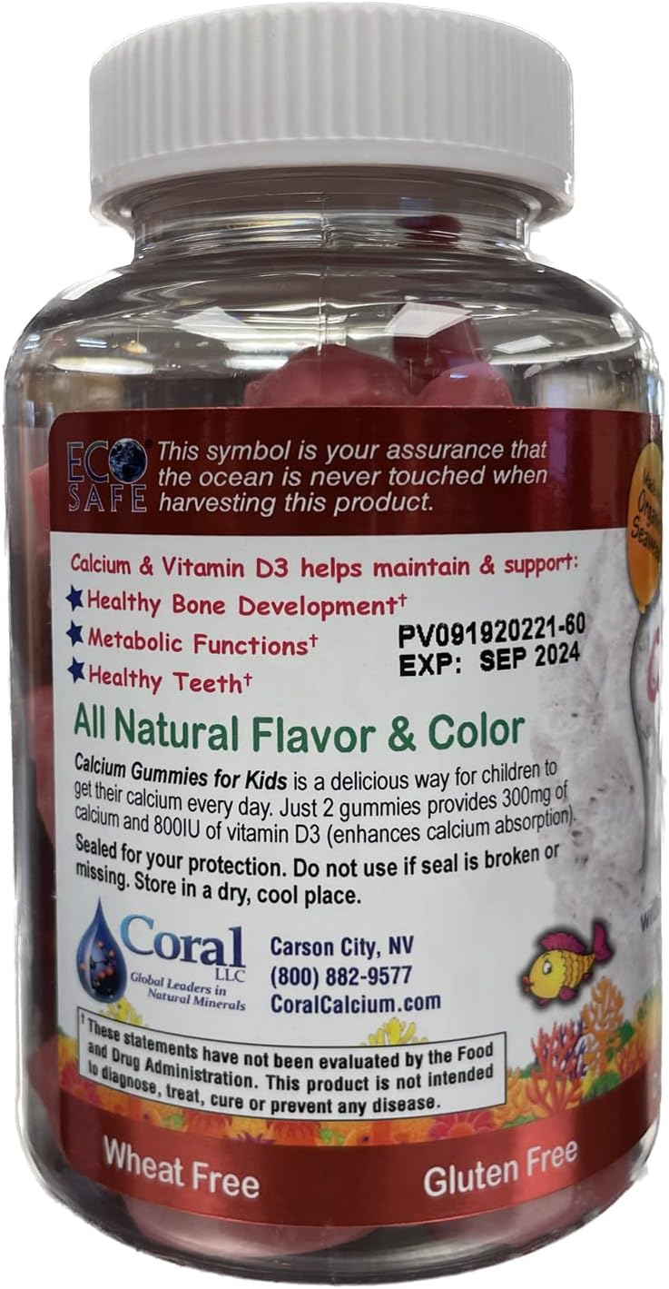 2 Pack of ECO SAFE Kids Gummy Coral Calcium Vitamin D3 - Natural Cherry Flavor, Non GMO, Gluten-Free, Dairy-Free, Soy-Free, Gelatin Free - 60 Gummies, 300mg Calcium, 800 IU Vitamin D3