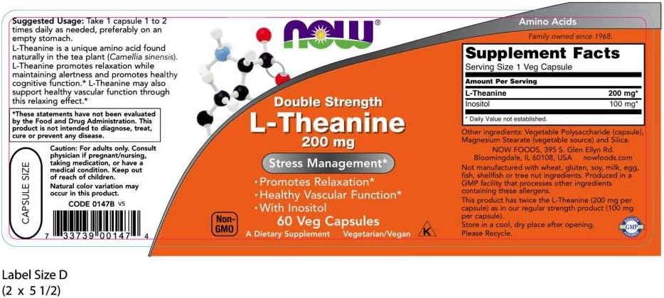 2 Pack of NOW Foods L-Theanine 200 mg in 60 Vegetable Capsules