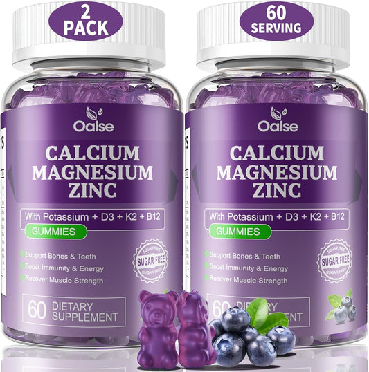 2 Pack of OALSE Calcium Magnesium Zinc Gummies with Vitamin D3 & K2 for High Absorption - Blueberry Flavored - 120 Count - Support Muscles, Immune System, and Sleep - Sugar Free - BoostGo Australia