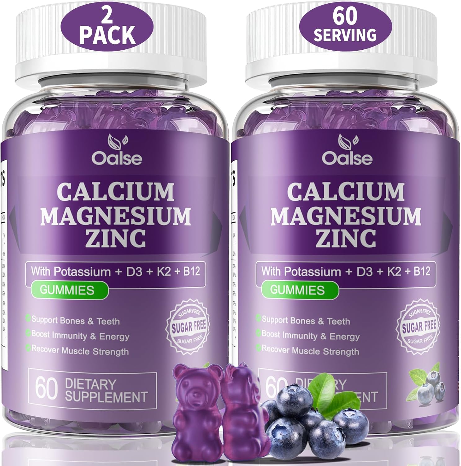 2 Pack of OALSE Calcium Magnesium Zinc Gummies with Vitamin D3 & K2 for High Absorption - Blueberry Flavored - 120 Count - Support Muscles, Immune System, and Sleep - Sugar Free - BoostGo Australia