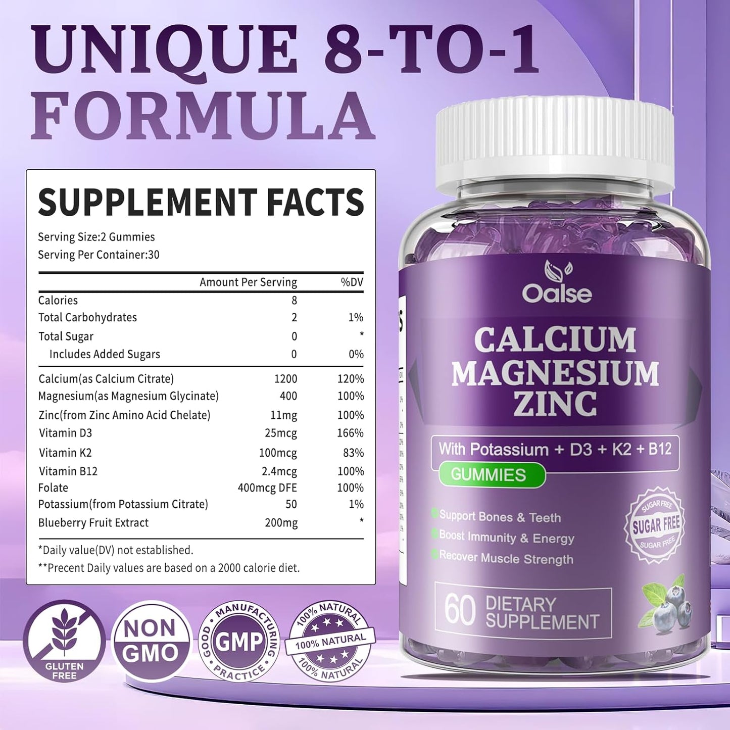 2 Pack of OALSE Calcium Magnesium Zinc Gummies with Vitamin D3 & K2 for High Absorption - Blueberry Flavored - 120 Count - Support Muscles, Immune System, and Sleep - Sugar Free - BoostGo Australia
