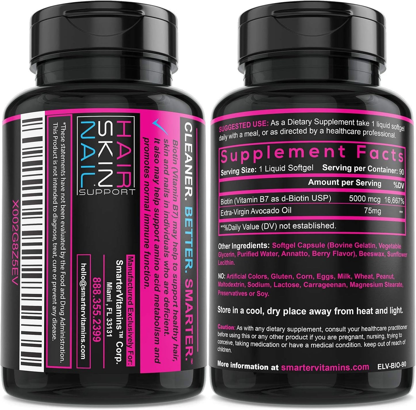 2 Pack of SmarterVitamins Biotin 5000mcg with Avocado Oil - Non-GMO, Vitamin B7 Supplement - 90 Mini Softgels, Soy-Free