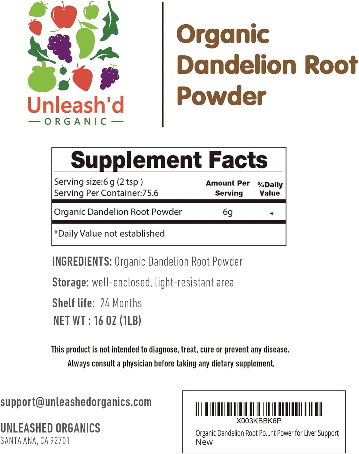 2-Pack of UNLEASH'D ORGANIC Dandelion Root Powder for Tea & Beverages - Vegan Detox & Digestive Support