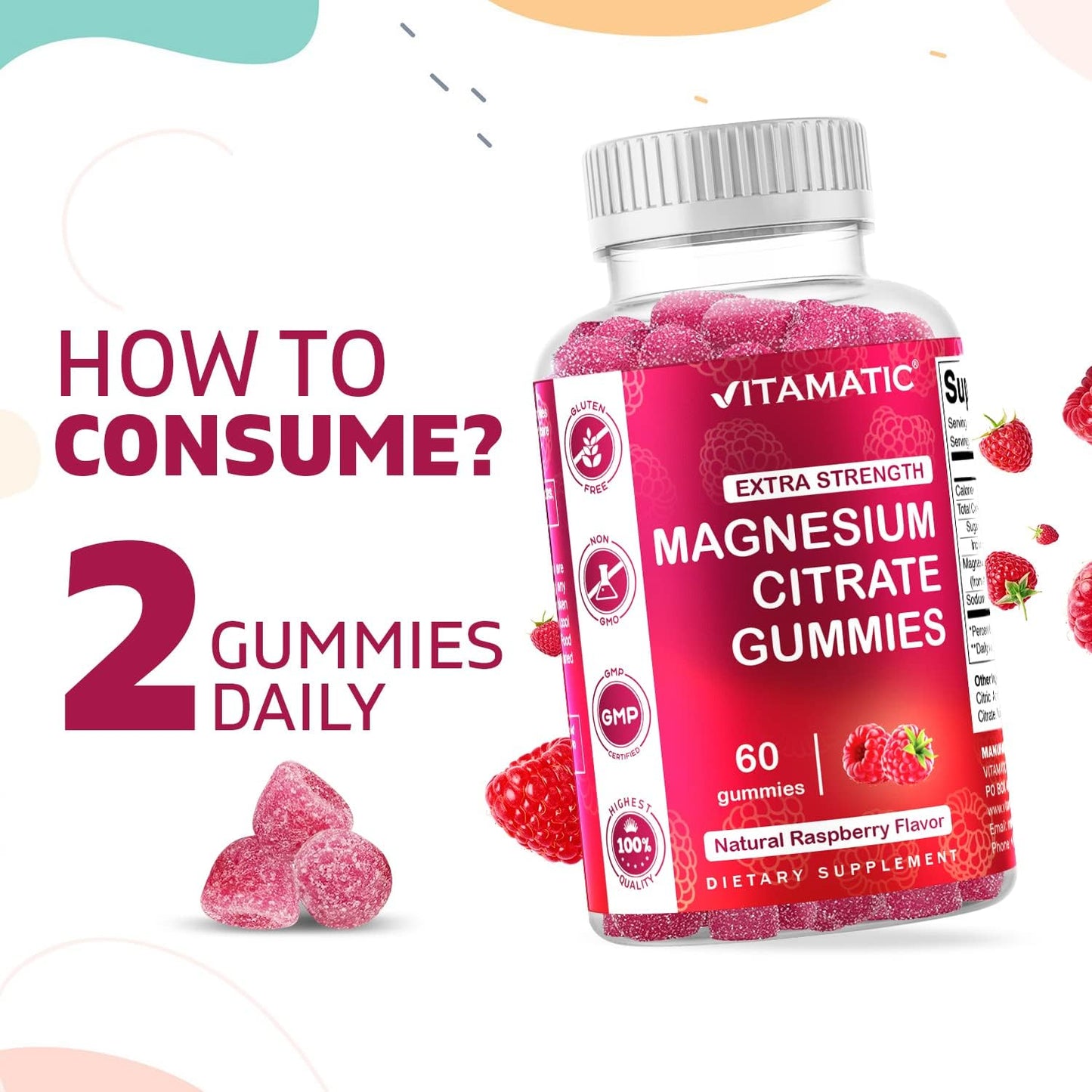 2 Pack of Vitamatic Extra Strength Magnesium Gummies - 255 mg per Serving - 60 Count - Supports Relaxation, Muscle, Bone, & Energy - High Elemental Mg