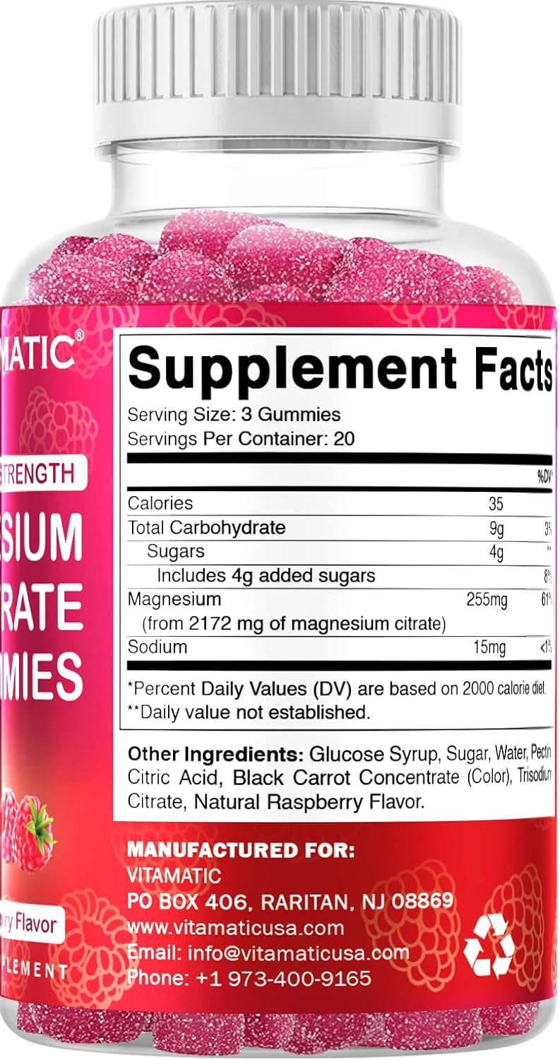 2 Pack of Vitamatic Extra Strength Magnesium Gummies - 255 mg per Serving - 60 Count - Supports Relaxation, Muscle, Bone, & Energy - High Elemental Mg
