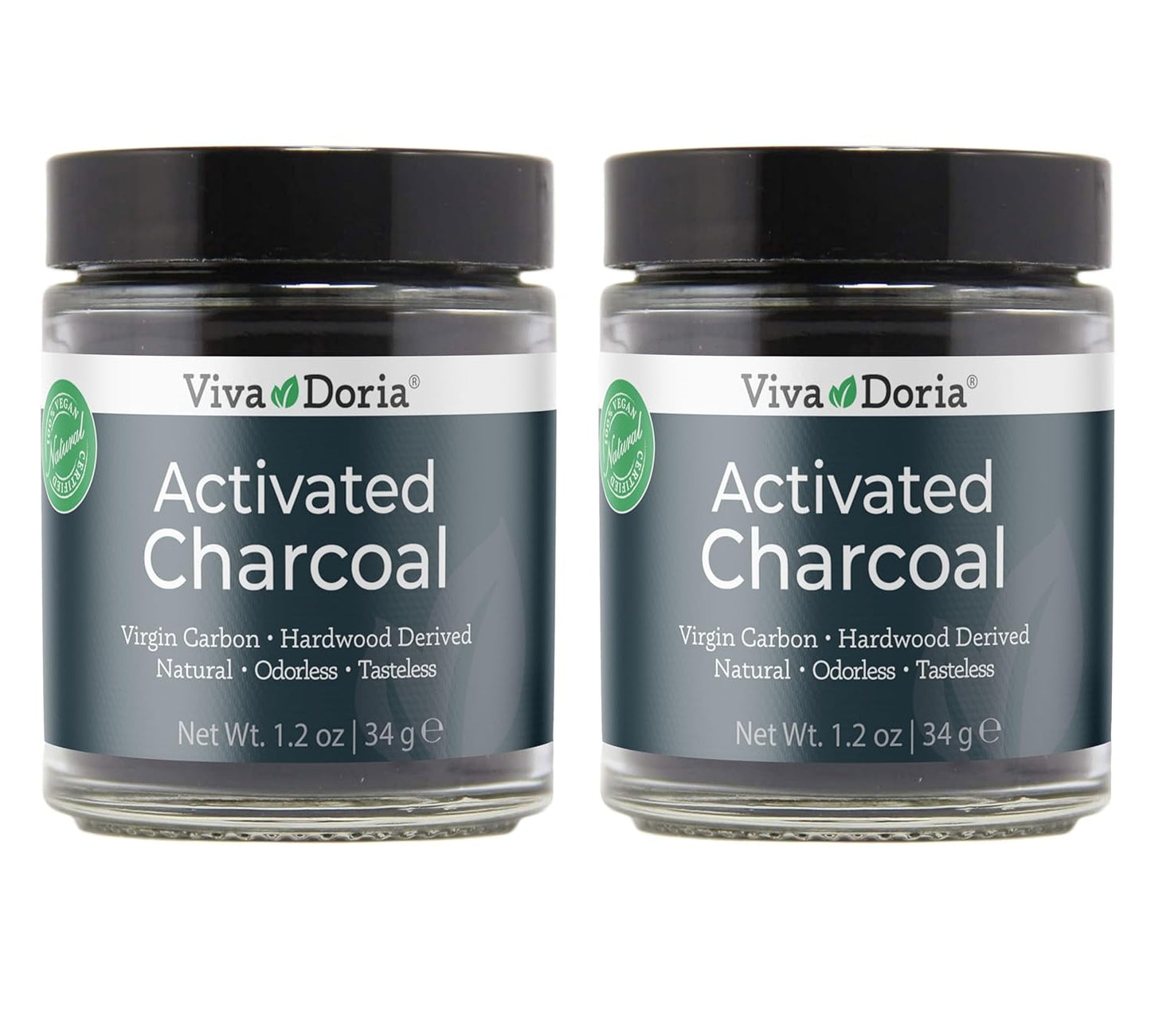 2 Pack of Viva Doria Food Grade Activated Charcoal Powder, Hardwood Derived, 1.2 Oz Glass Jars