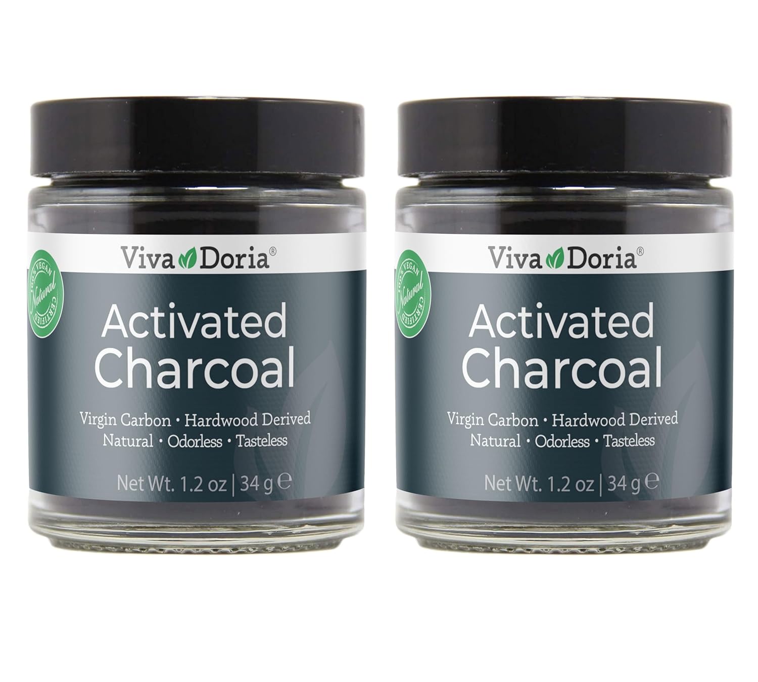 2 Pack of Viva Doria Food Grade Activated Charcoal Powder, Hardwood Derived, 1.2 Oz Glass Jars