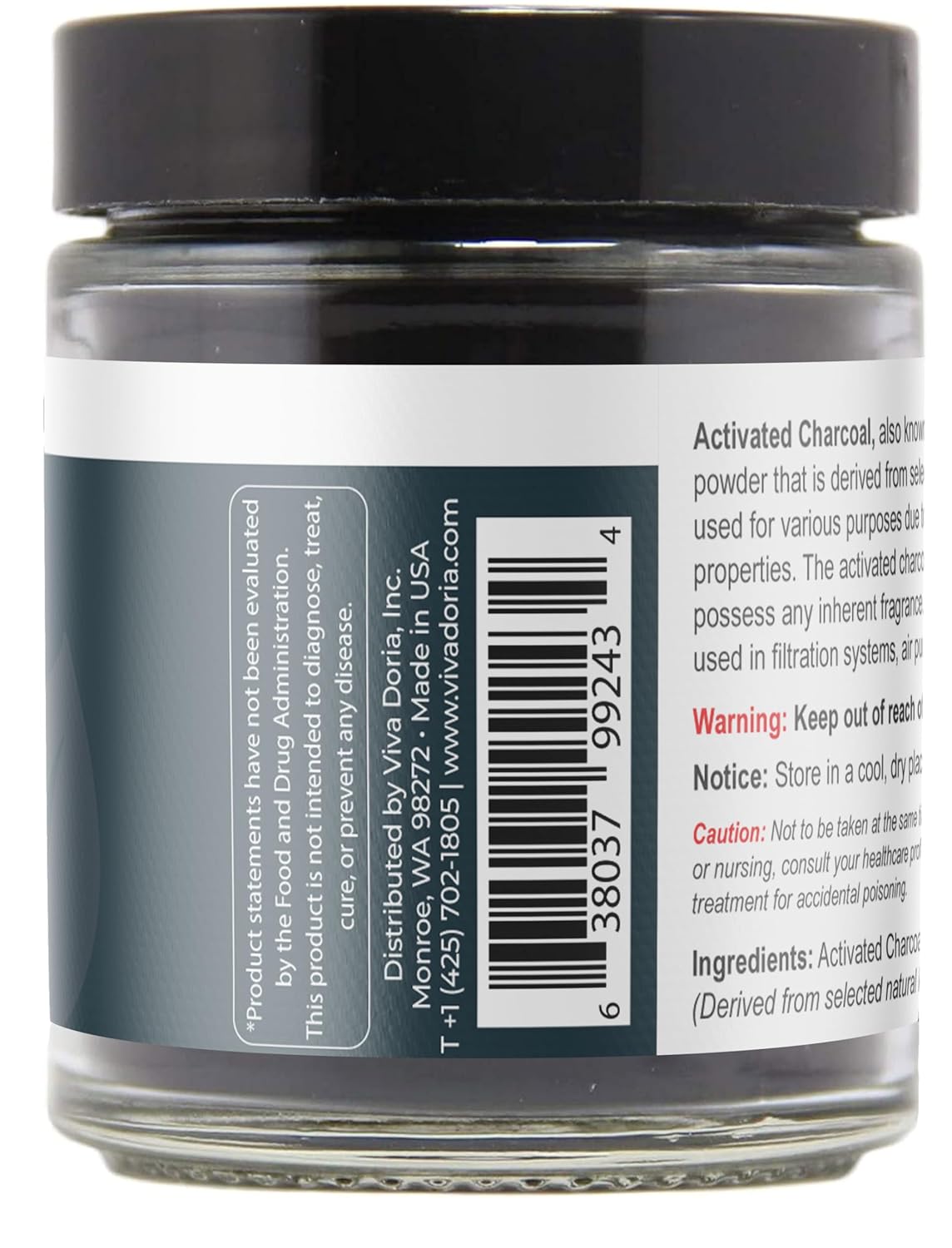 2 Pack of Viva Doria Food Grade Activated Charcoal Powder, Hardwood Derived, 1.2 Oz Glass Jars