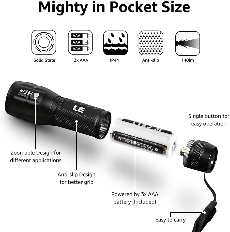 2 Pack of Waterproof LED Flashlights with High Lumens, Zoomable Beam, Adjustable Brightness - Perfect for Outdoor, Emergency, Camping - Includes AAA Batteries