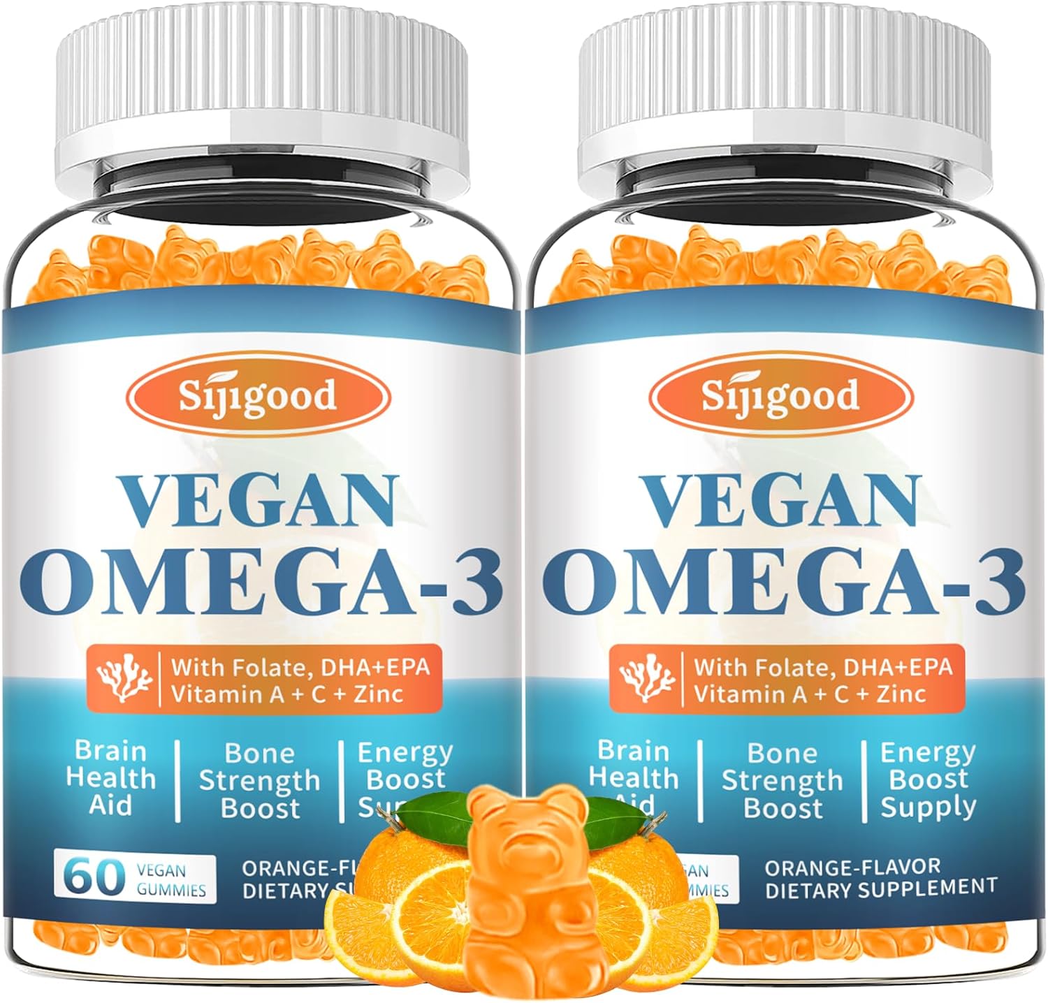 2 Pack Omega-3 Gummies with DHA and EPA for Brain, Eye & Immune Support - Vegan & Sugar Free, Orange Flavor - 120 Count