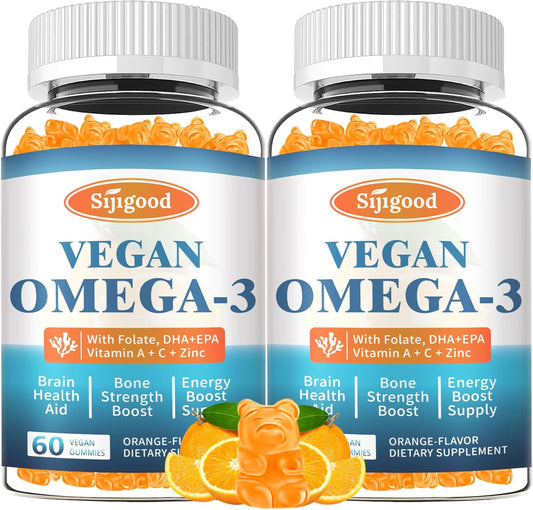 2 Pack Omega-3 Gummies with DHA and EPA for Brain, Eye & Immune Support - Vegan & Sugar Free, Orange Flavor - 120 Count