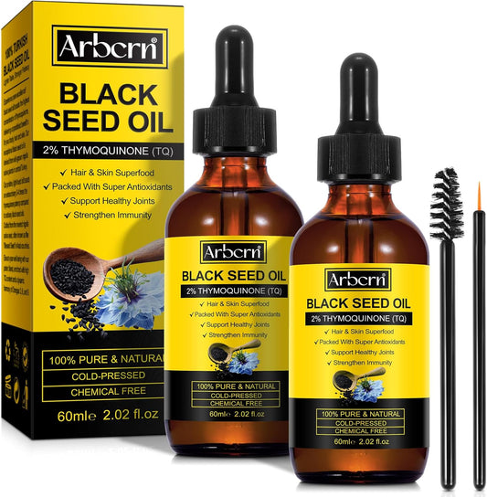 2 Pack Organic Cold Pressed Black Seed Oil for Skin and Hair Care - 100% Pure and Natural Liquid in Glass Bottles (60ML)