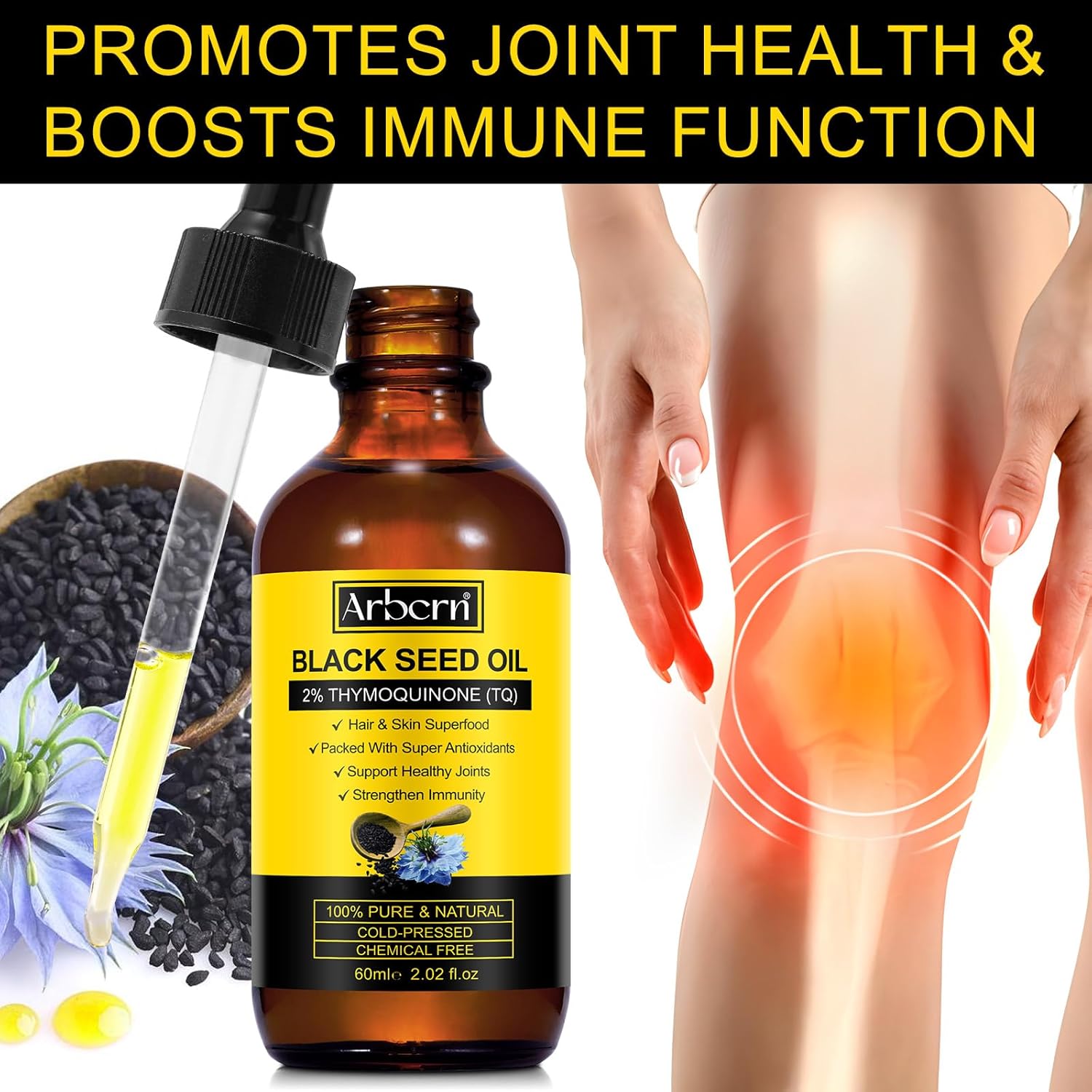 2 Pack Organic Cold Pressed Black Seed Oil for Skin and Hair Care - 100% Pure and Natural Liquid in Glass Bottles (60ML)