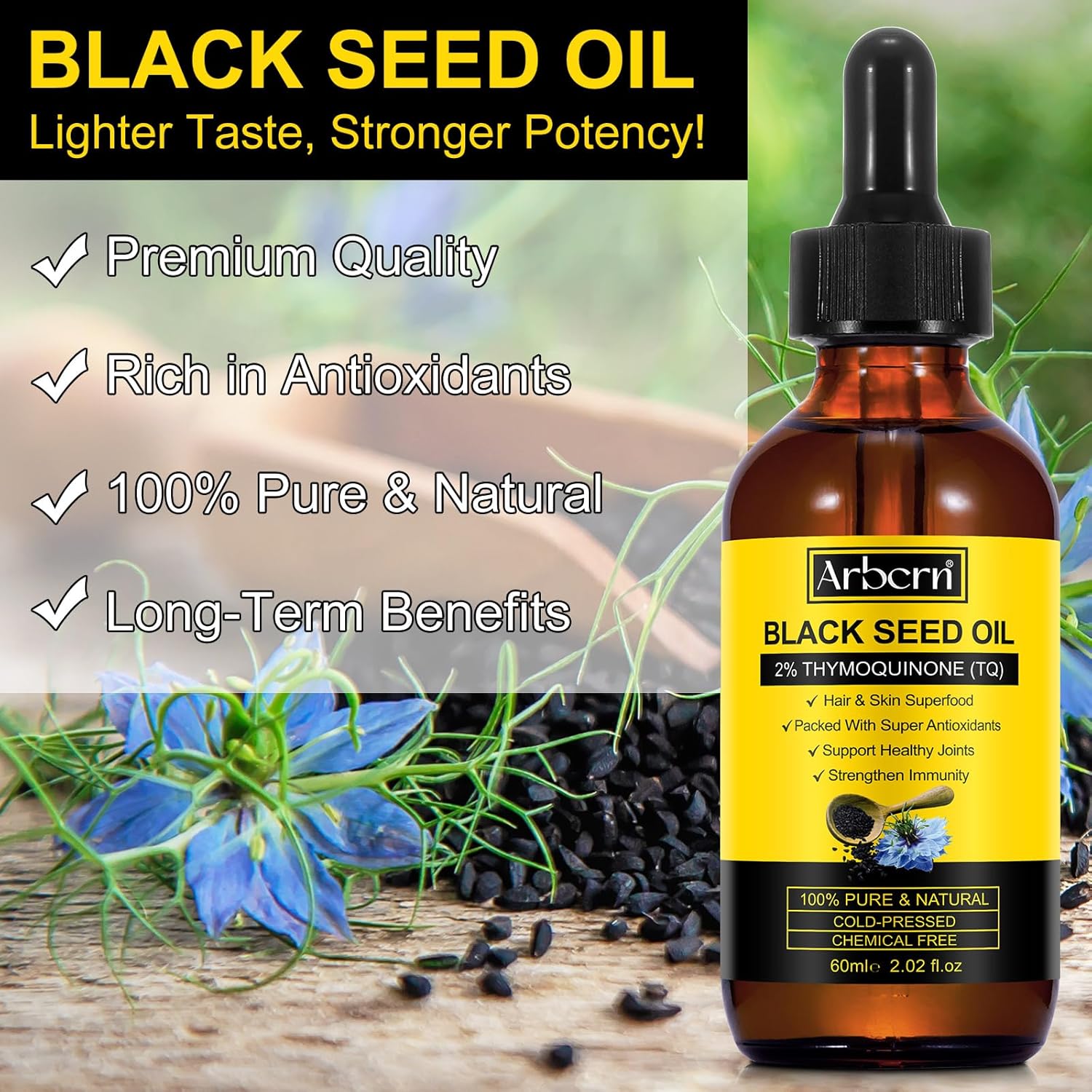 2 Pack Organic Cold Pressed Black Seed Oil for Skin and Hair Care - 100% Pure and Natural Liquid in Glass Bottles (60ML)
