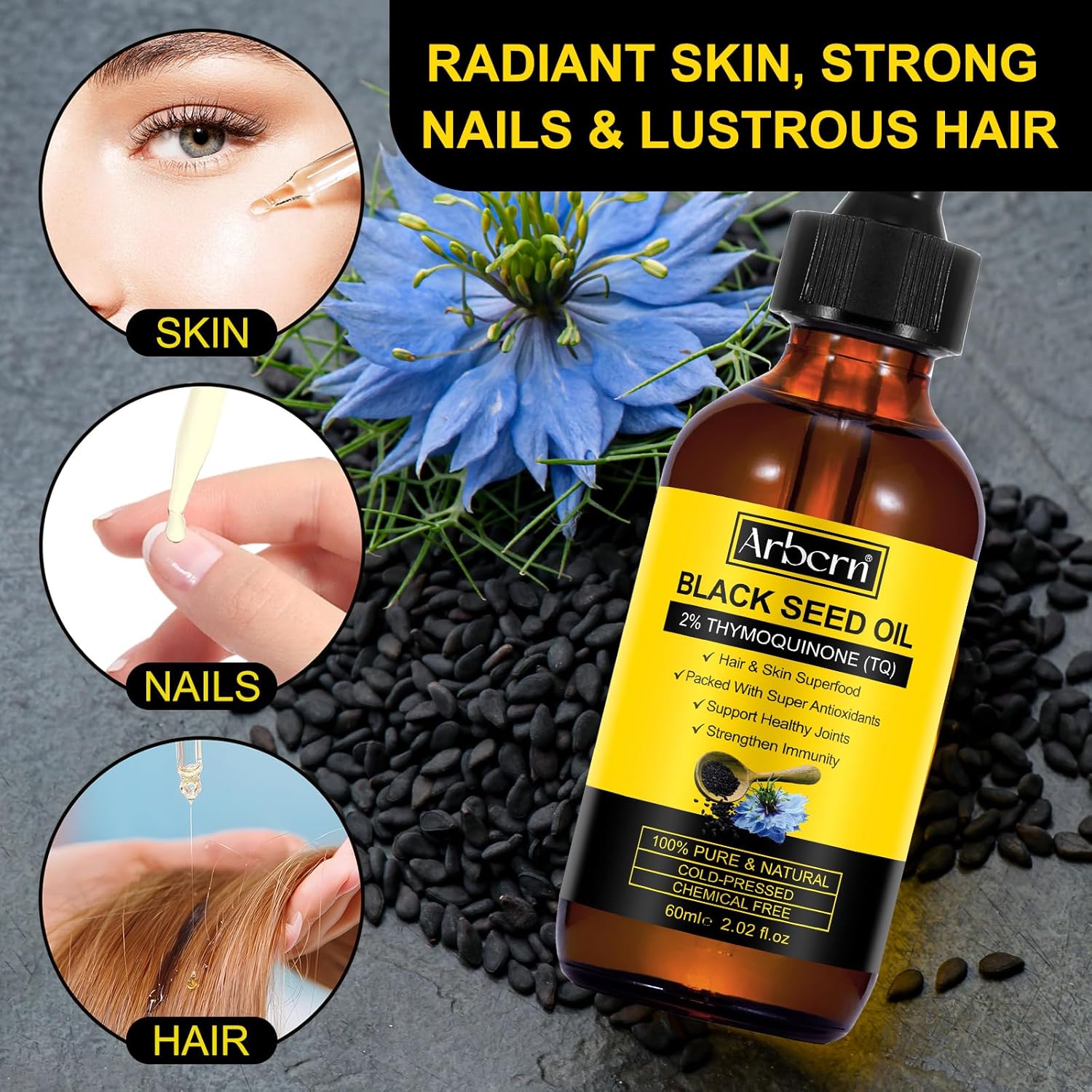 2 Pack Organic Cold Pressed Black Seed Oil for Skin and Hair Care - 100% Pure and Natural Liquid in Glass Bottles (60ML)