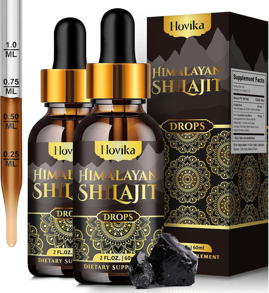 2-Pack Organic Himalayan Shilajit Resin Liquid Drops with Ayurvedic Blend - 600mg, Brain Booster & Energy Immune Support