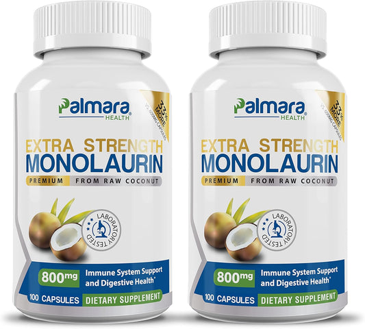 2 Pack Palmara Health Extra Strength Monolaurin Capsules - 1,600mg per Serving, 800mg per Capsule - 200 Capsules