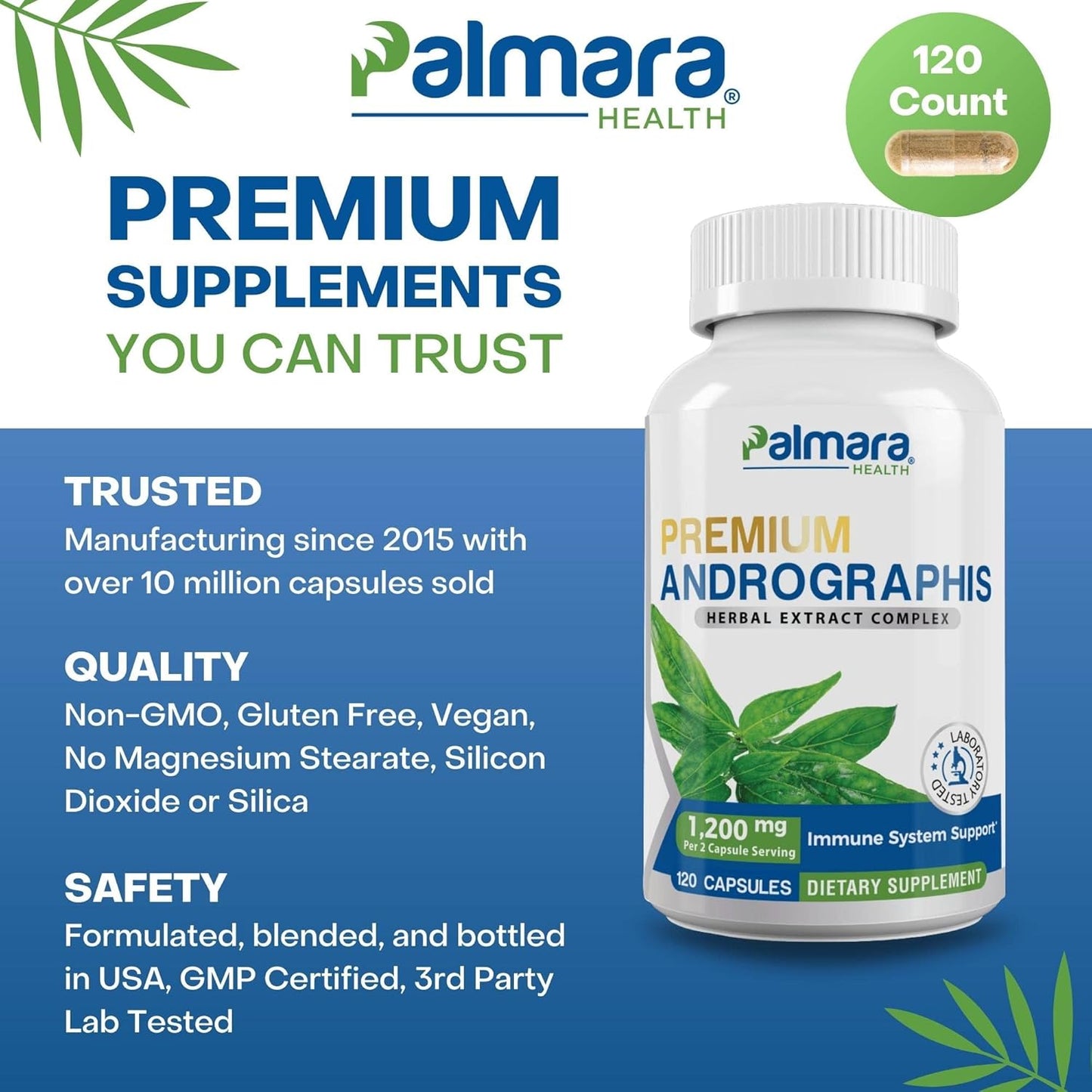 2 Pack Palmara Health Premium Andrographis Paniculata Extract - 1,200mg (100mg Andrographolides) per Serving, Non-GMO, Vegan, Gluten Free